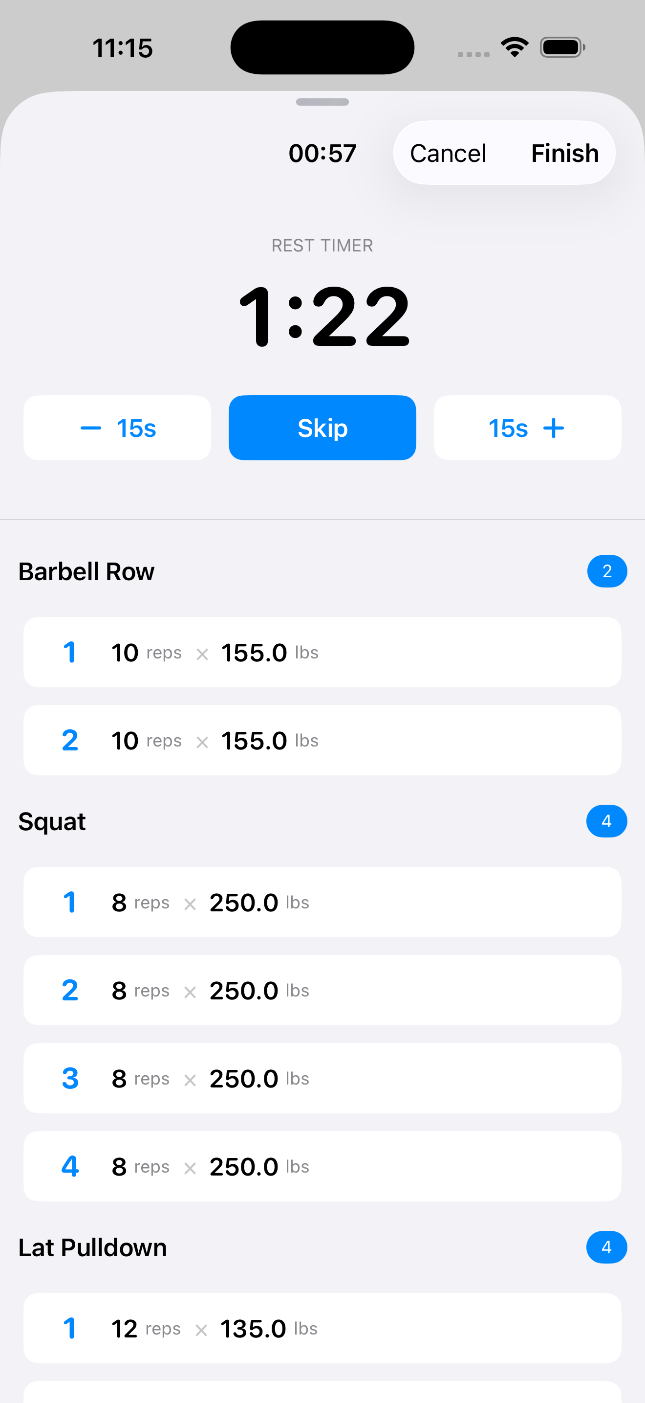 Rest timer screen